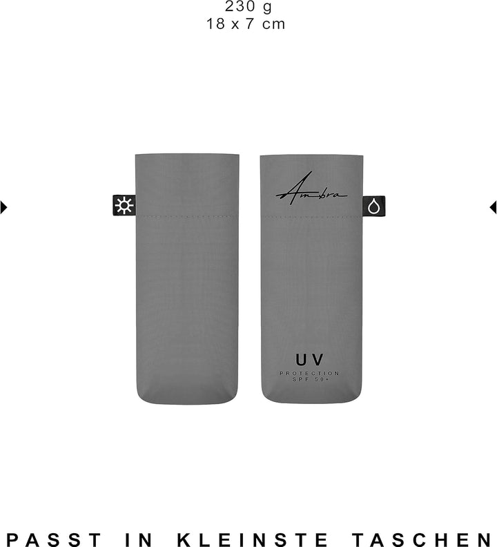 Ambra UV: Regenschirm mit UV-Schutz. Windfester Mini-Taschenschirm für Regen und Sonne. 220 g 18 x 5