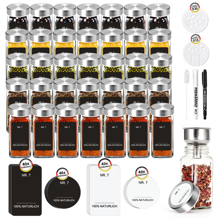 SIAZIHGewürzgläser Eckig 35er Set,120ml Gewürzgläser mit Streueinsatz,Gewürzgläser mit Deutsche Etik