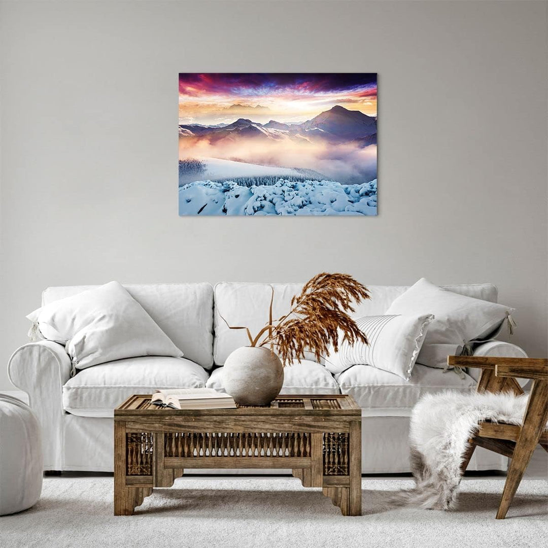 Bilder auf Leinwand Berge Schnee Winter Leinwandbild mit Rahmen 70x50cm Wandbilder Dekoration Wohnzi
