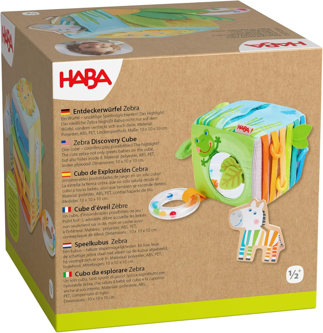 HABA Entdeckerwürfel Zebra – Baby-Sensorik-Würfel mit abnehmbarem Holz-Zebra & Spieleffekten – Babys
