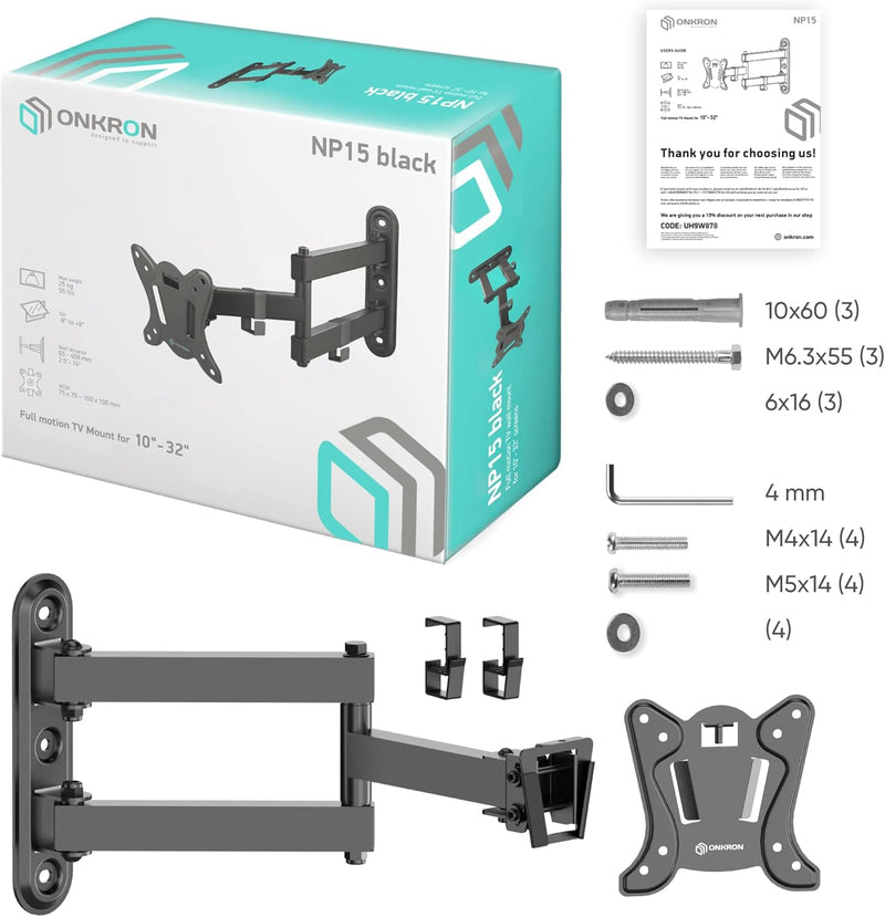 ONKRON neig- und schwenkbare Halterung für TV 10" - 32" mit einem Gewicht bis zu 25 kg max VESA 100x