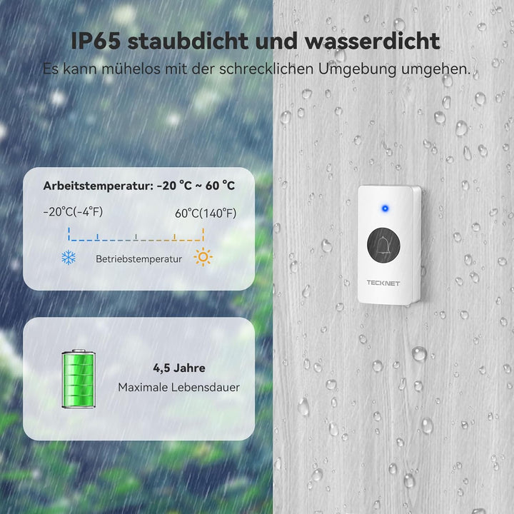 TECKNET Funkklingel, kabelloses Türklingel Batteriebetrieben, wasserdichte Türklingel Set mit 400M k