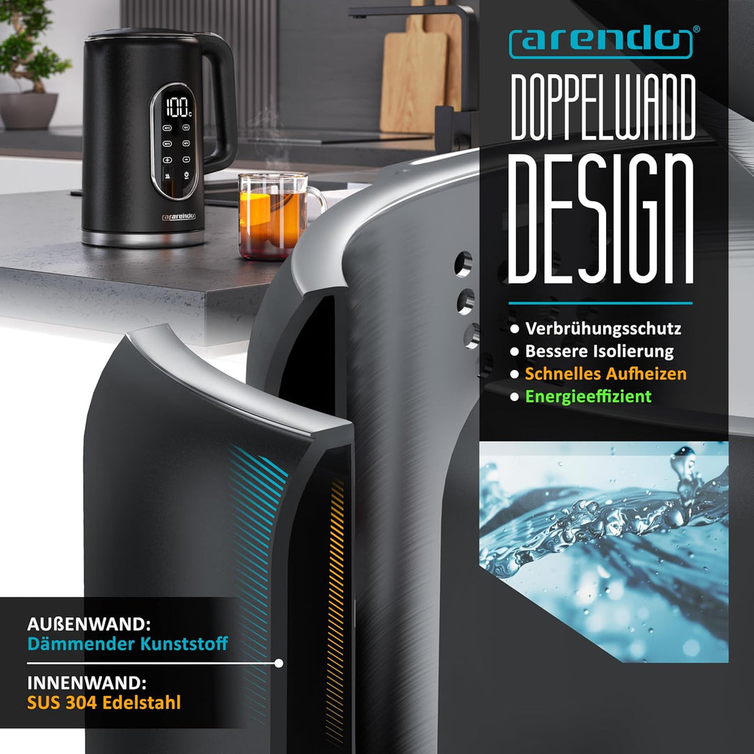 Arendo - digitaler Wasserkocher mit Temperatureinstellung - Edelstahl - Doppelwand Design Cool Touch