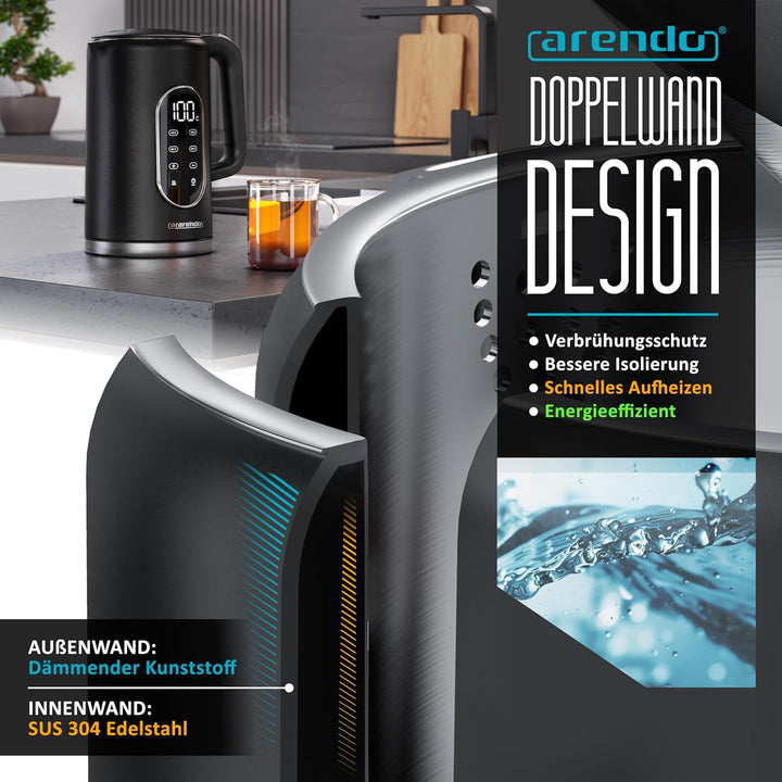 Arendo - digitaler Wasserkocher mit Temperatureinstellung - Edelstahl - Doppelwand Design Cool Touch