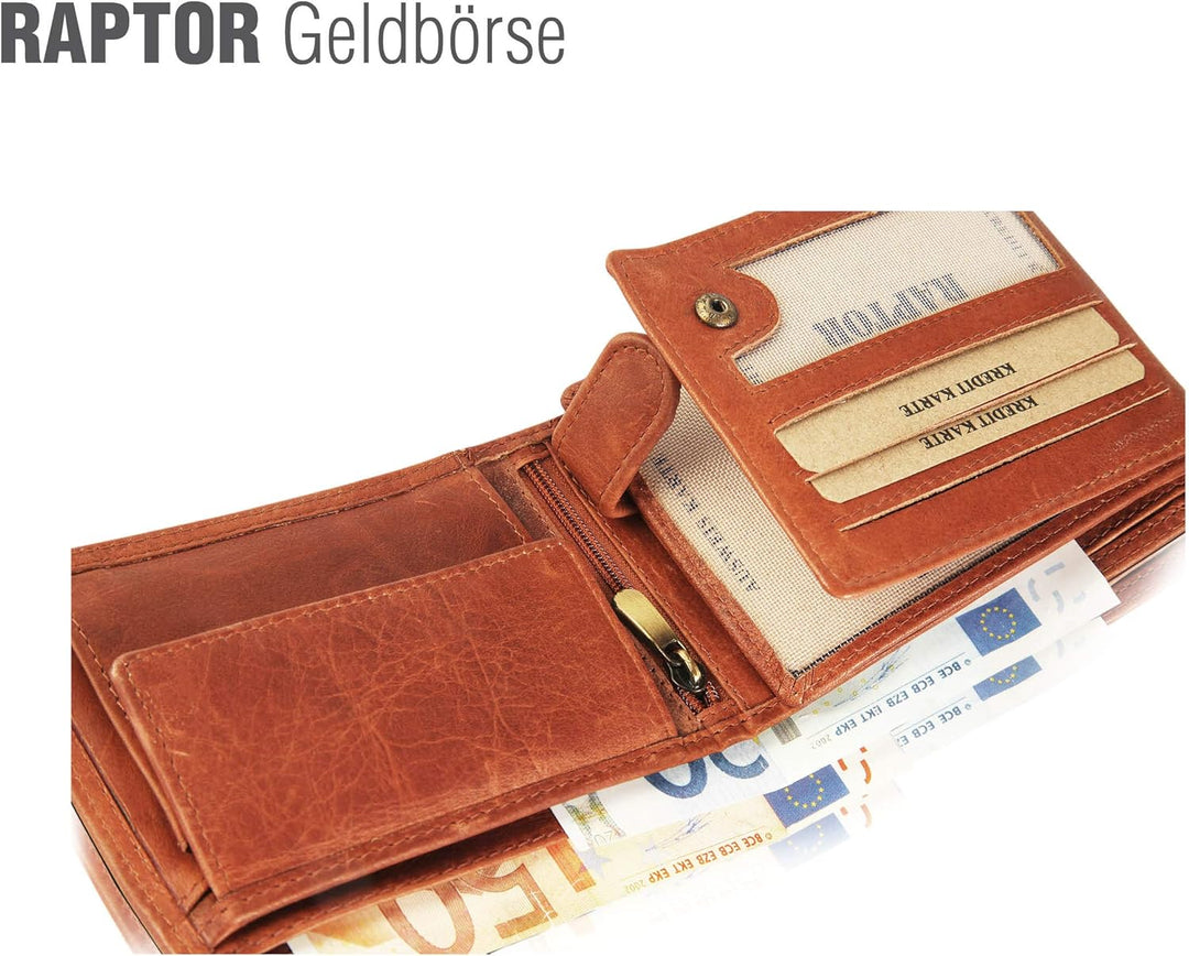 Raptor Herren-Geldbörse Echtleder Used Look Querformat braun 12x9cm RA40005 Dunkelbraun, Dunkelbraun