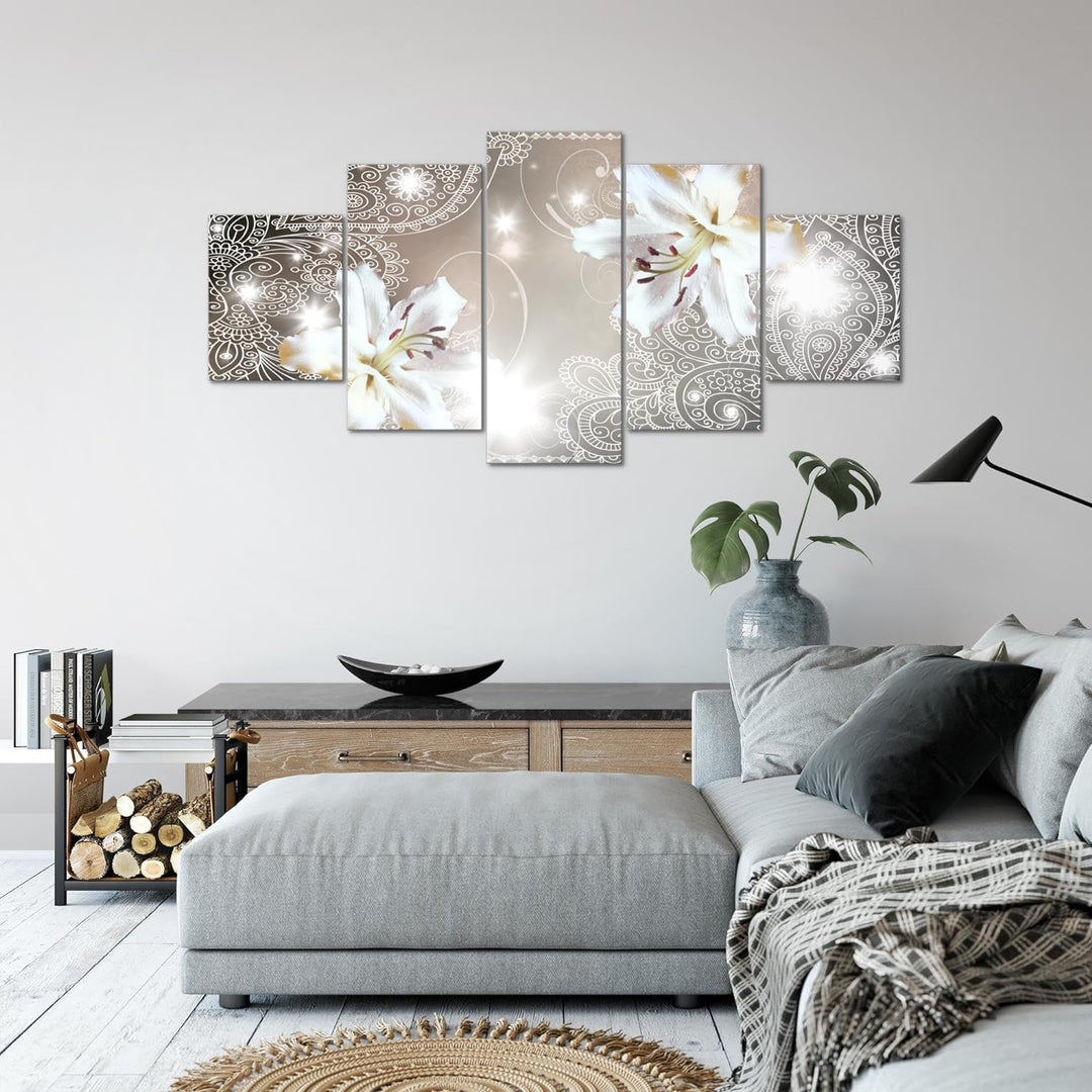 Runa Art Wandbilder Blumen Lilien 5 Teilig Bild auf Vlies Leinwand Deko Wohnzimmer Abstrakt Beige 00