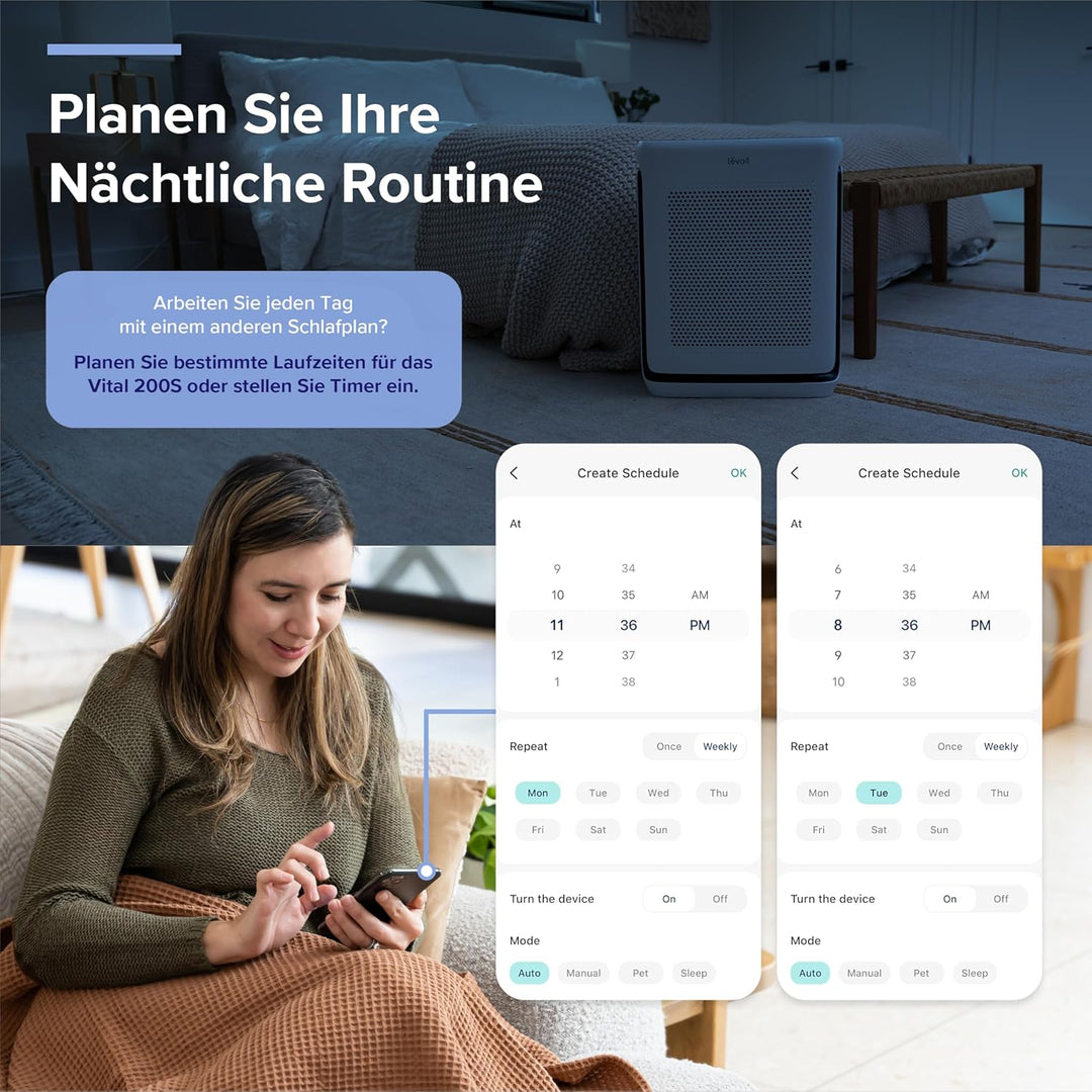 LEVOIT Luftreiniger Allergiker mit Tiermodus, CADR 416m³/h bis 87㎡ Racherzimmer Wohnung, Dualsensor&
