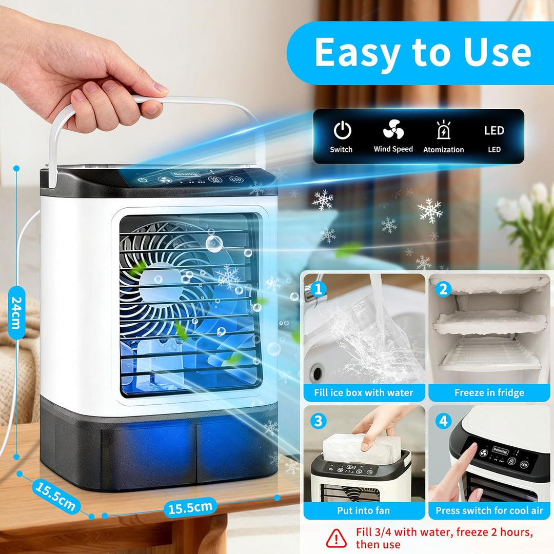 4-in-1 Mobile Klimaanlage, 2026 aktualisierte leise Mini-Klimaanlage mit Eisbox, 900-ml-Tank, 2 Sprü