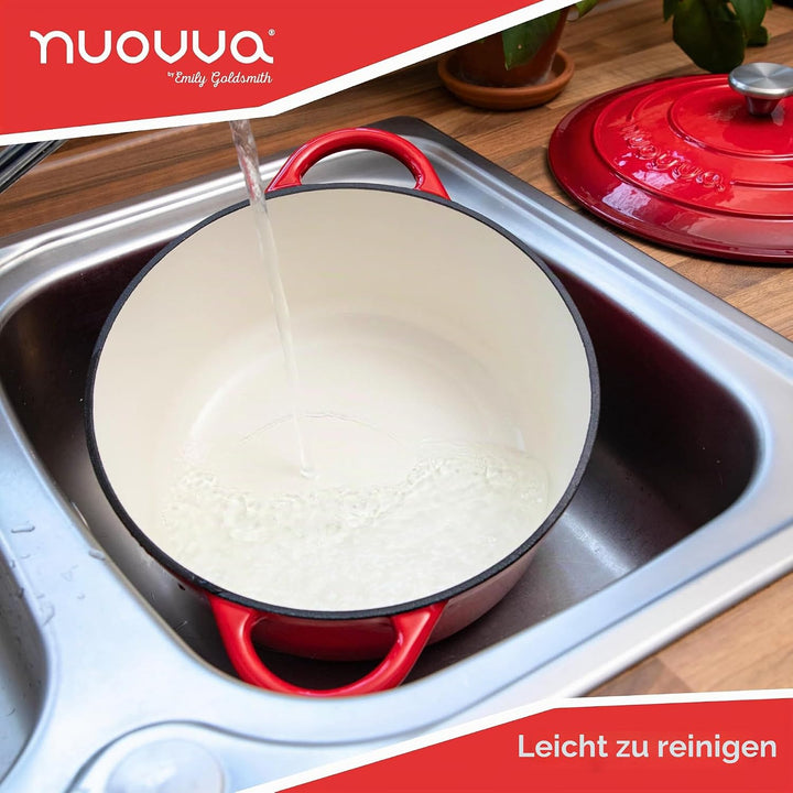 Gusseisen Dutch Oven mit Deckel – Emaille-Topf mit Antihaft, Ofenfest bis 260°C – Rot, 6.9 Liter, 30