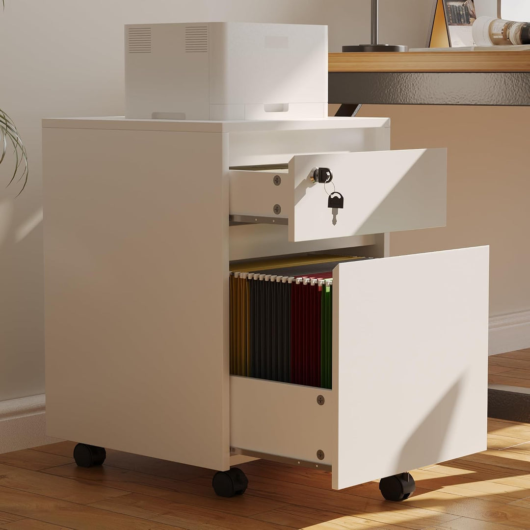 YOUDENOVA Rollcontainer mit Schubladen, Abschliessbar, Aktenschrank mit 2 Schubladen, 5 Rollen, Unte
