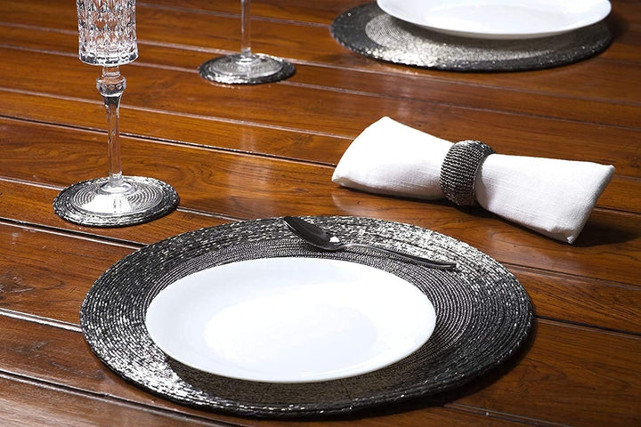 Penguin Home® Set von 12 Tischsets mit Glasperlen, Untersetzer und Serviettenringe - Antik Silber Fa