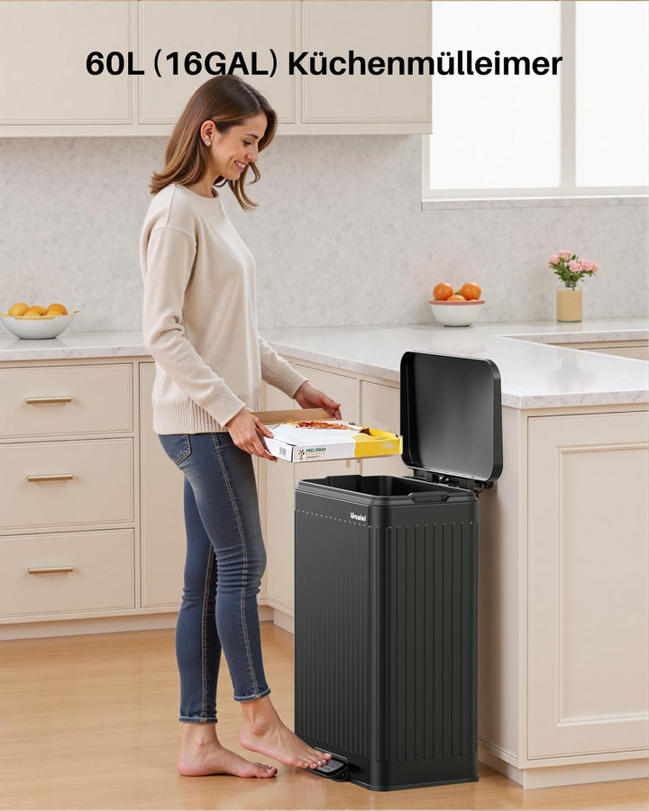 lovewind 60L Mülleimer Küche Edelstahl Schwarz, Pedal-Behälter mit Soft-Close Deckel, 2 herausnehmba