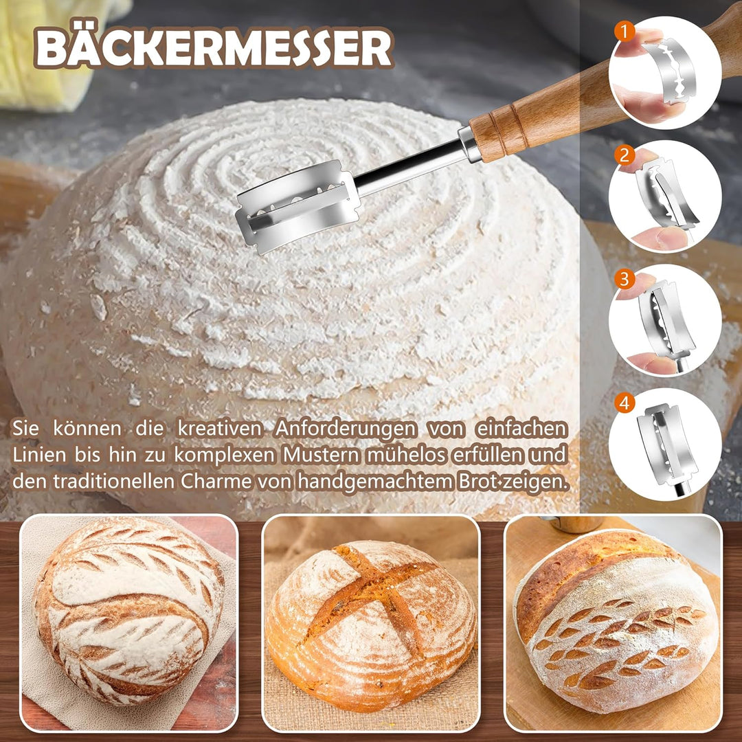 HaWare Gärkörbchen, Gärkorb Brot Set (25cm Oval & 23cm Rund) mit Futter, Bäckermesser, Dänischer Sch