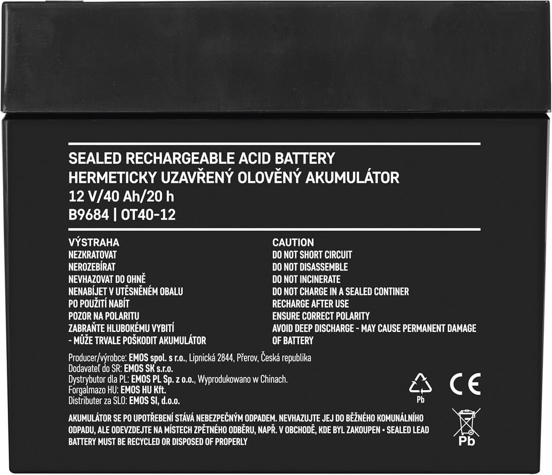 EMOS Wartungsfreier Bleiakku/Bleiakkumulator für Fischer, Notbeleuchtung, USV, 12V, 40Ah