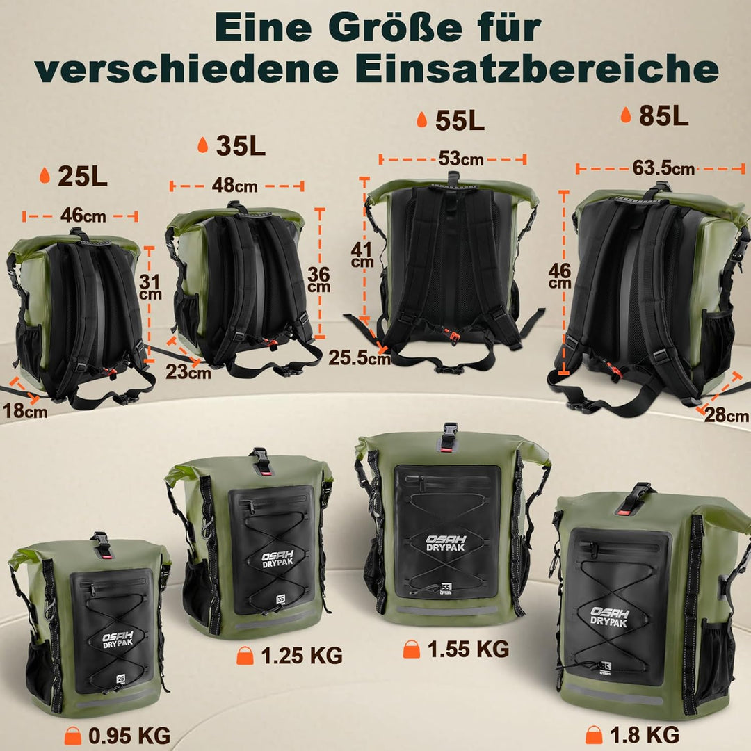 OSAH DRYPAK Wasserdichter Rucksack – 25L/35L/55L/85L Dry Bag Rolltop Outdoor Backpack mit Robustem R