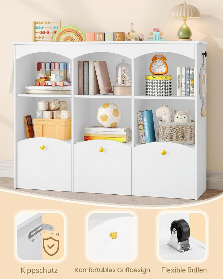 Hzuaneri Kinderregal 103 cm Breite, Kinderzimmer Möbel Weiss | Kinderregal mit 3 Rollboxen, 6 offene