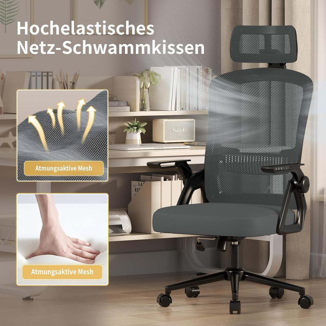 naspaluro Bürostuhl Ergonomisch Dunkelgrau Mit Kopfstütze | Schreibtischstuhl Atmungsaktiver Netzgew