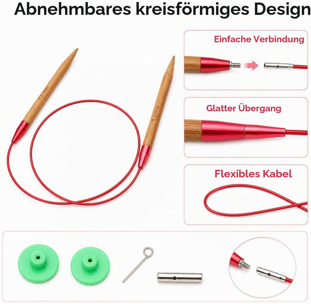 LetCart STRICKNADELN Set- Austauschbares Set aus kohlensäurehaltigen Bambusnadeln Ringset aus Alumin