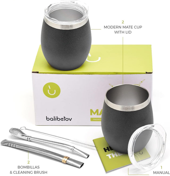 balibetov Mate Becher Set (2 Yerba Mate teebecher set, 5 pcs) - enthält Zwei Doppelwandiger 18/8 Ede