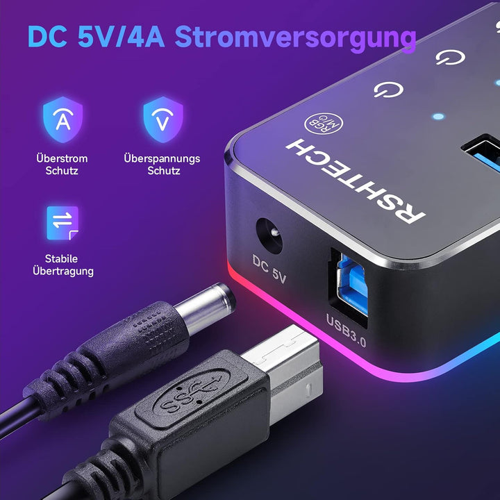 USB Hub Aktiv 3.0 mit Netzteil, RSHTECH 7-Port RGB USB 3.0 Hub Aluminium, 14 RGB Beleuchtungsmodi, 2