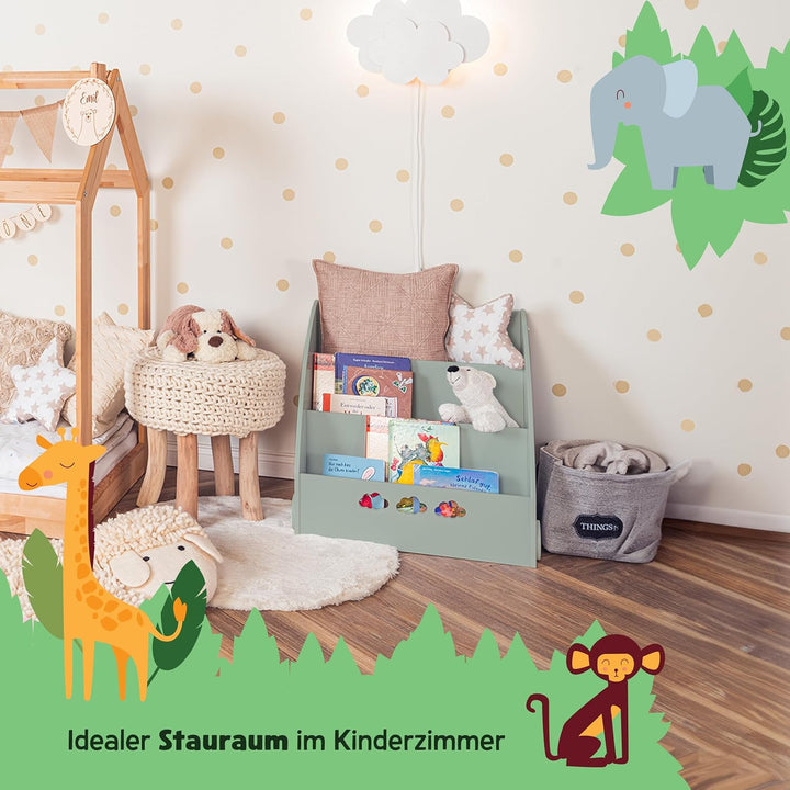 KHG Bücher-Standregal grün für Kinder mit 3 offenen Fächern, freistehendes Kinderregal für Bücher un