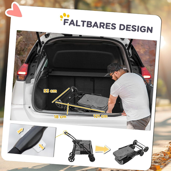 PawHut Hundewagen, Faltbarer Hundebuggy, Hundetrolley mit Kissen, Katzenbuggy bis 20 kg, Katzenwagen