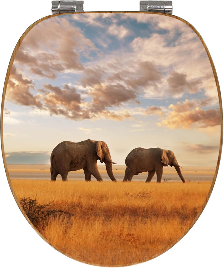 banjado® Design WC Sitz Bambus Absenkautomatik mit Motiv Elefanten/Toilettendeckel mit Absenkautomat