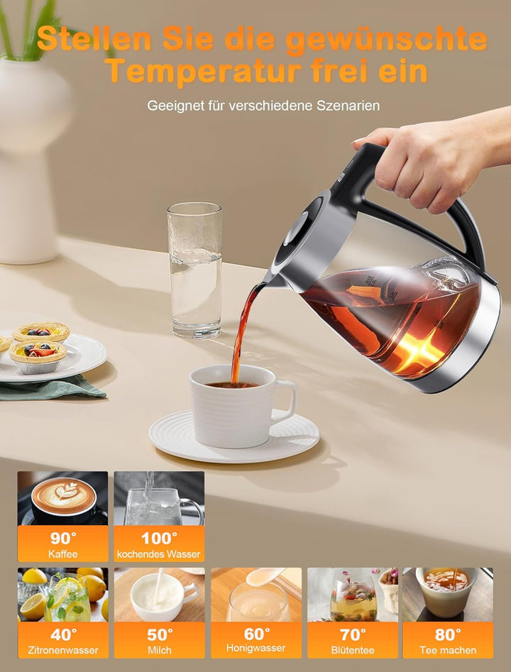 Fourward Wasserkocher – 2.0L 2200Wall Glas Kettle mit Temperaturwahl, BPA frei, Digitale Temperatura
