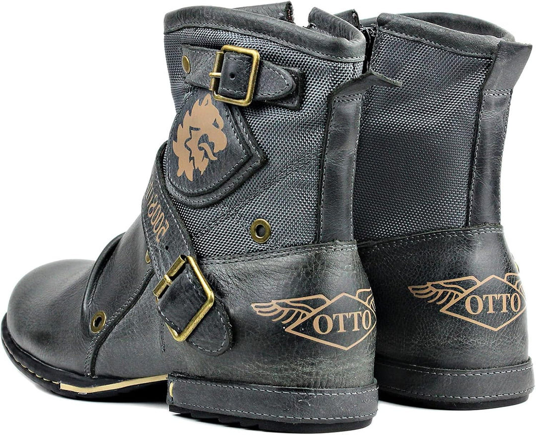 OSSTONE Herren Leder chukkastiefel Worker Biker Boots-Motorrad-Leder-Schuhe für reissverschluss Schn