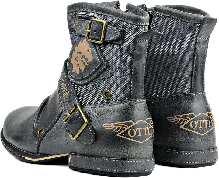 OSSTONE Herren Leder chukkastiefel Worker Biker Boots-Motorrad-Leder-Schuhe für reissverschluss Schn