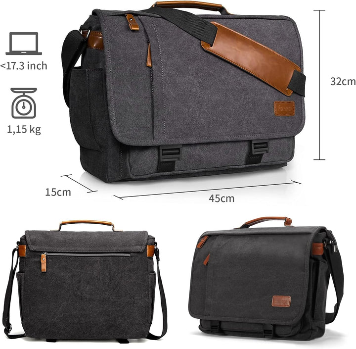 Estarer Laptoptasche 17 Zoll Umhängetasche Canvas für Arbeit Uni Grau 17-17.3