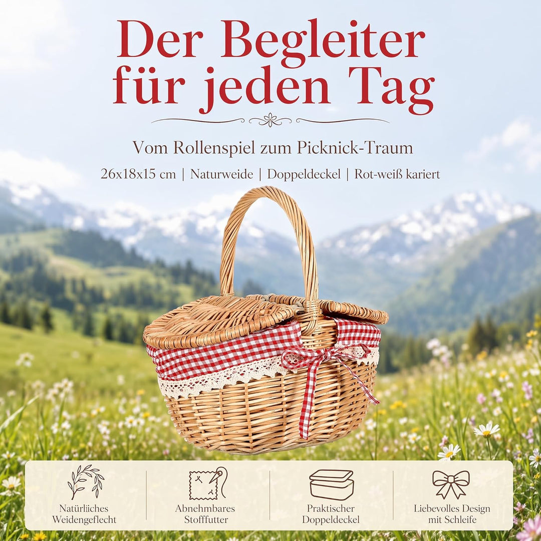 iplusmile Kleiner Weidenkorb mit Deckel und Henkel Geflochten Ovaler Picknickkorb Kinder Rotkäppchen