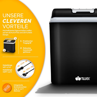 tillvex Kühlbox elektrisch 24L | Mini-Kühlschrank 230 V und 12 V für KFZ Auto Camping | kühlt & wärm