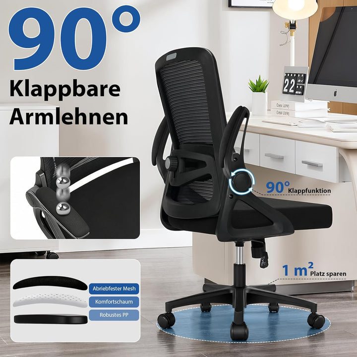 Bürostuhl Ergonomisch, Schreibtischstuhl mit Verstellbarer 4D Lendenwirbelstütze, Drehstuhl mit Klap
