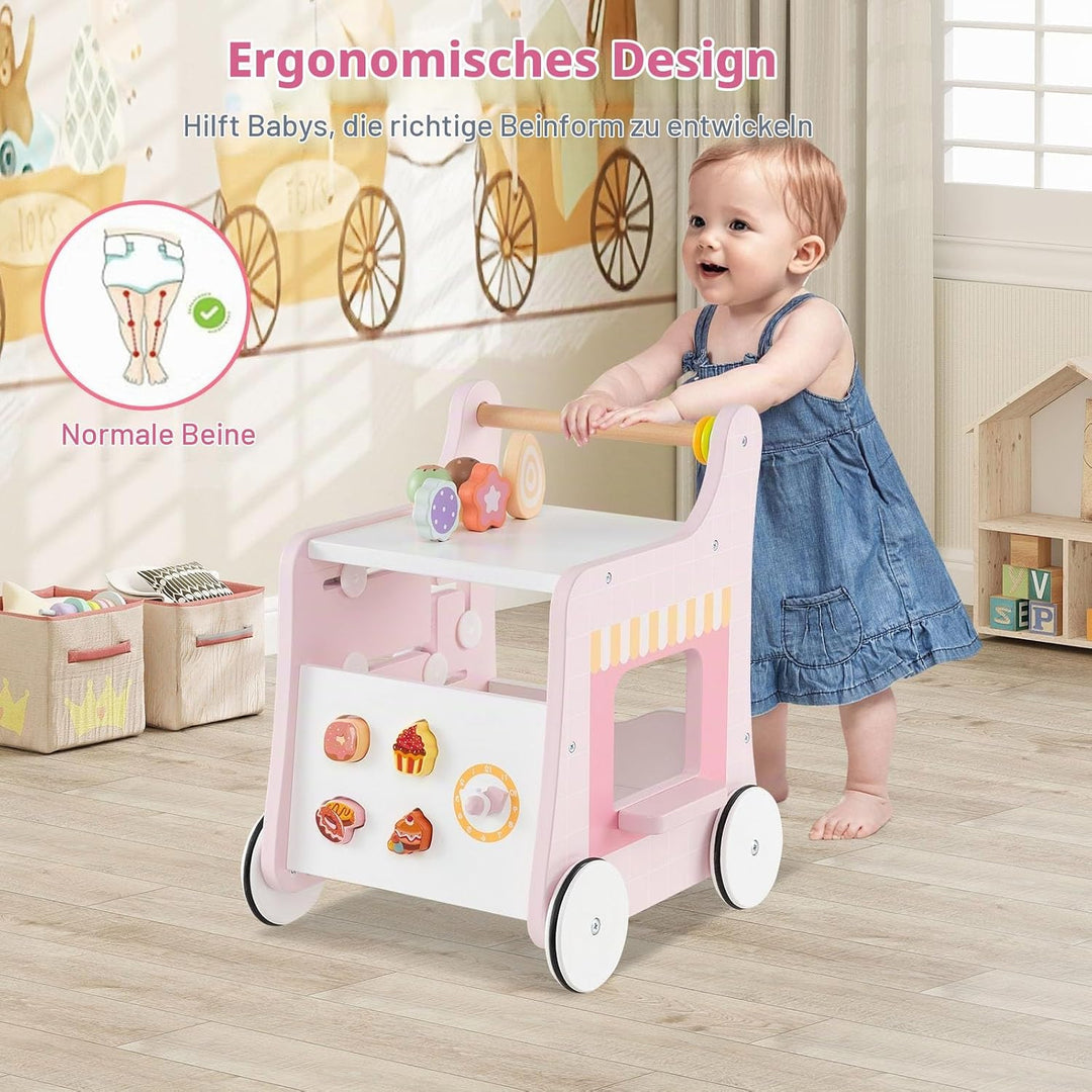 LIFEZEAL Lauflernhilfe Holz, Baby Lauflernwagen mit süssem Zubehör, Montessori Lauflernspielzeug mit