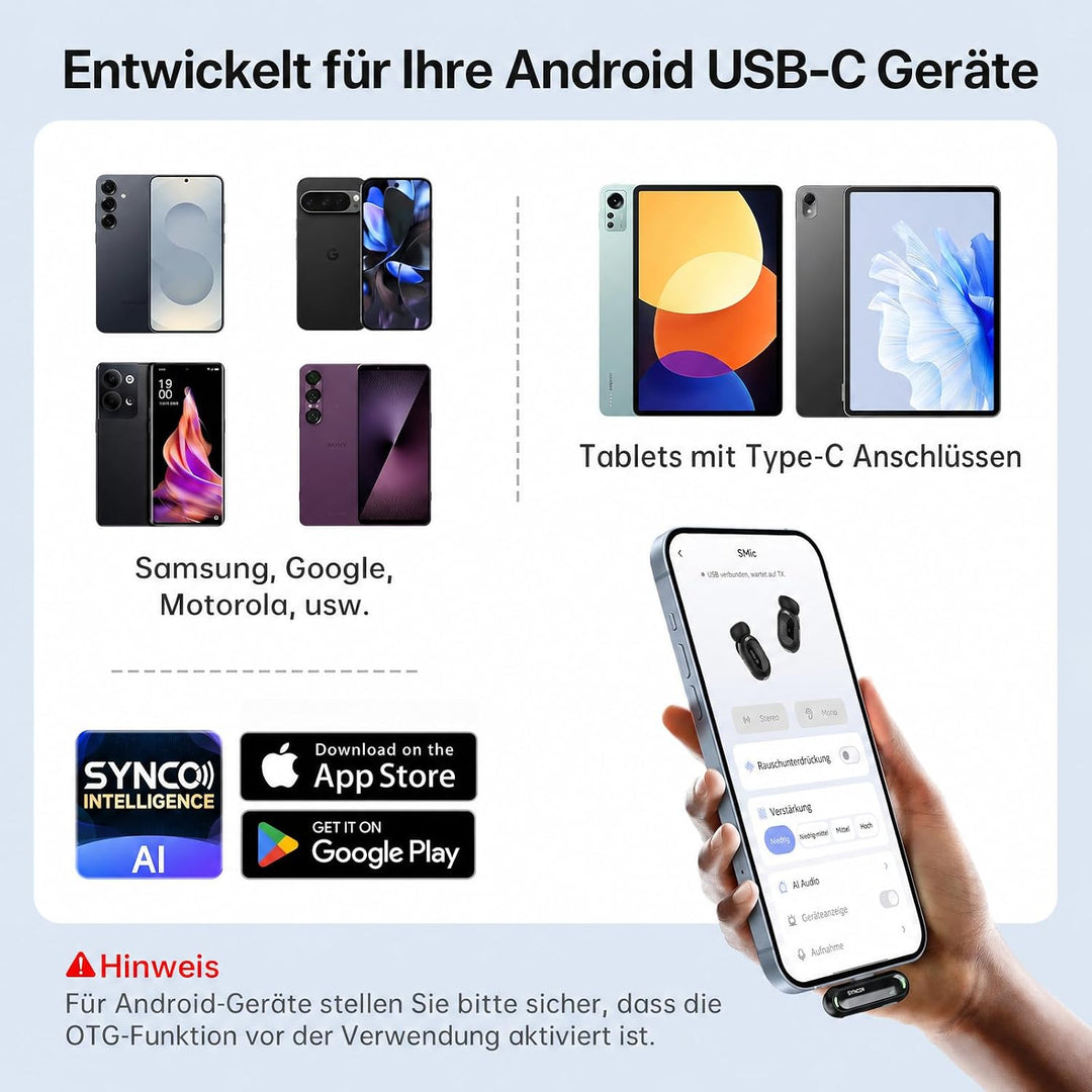 SYNCO SMICT KI Funkmikrofon für Android, Kabelloses Lavalier Mikrofon mit Echtzeit Übersetzung, AI A