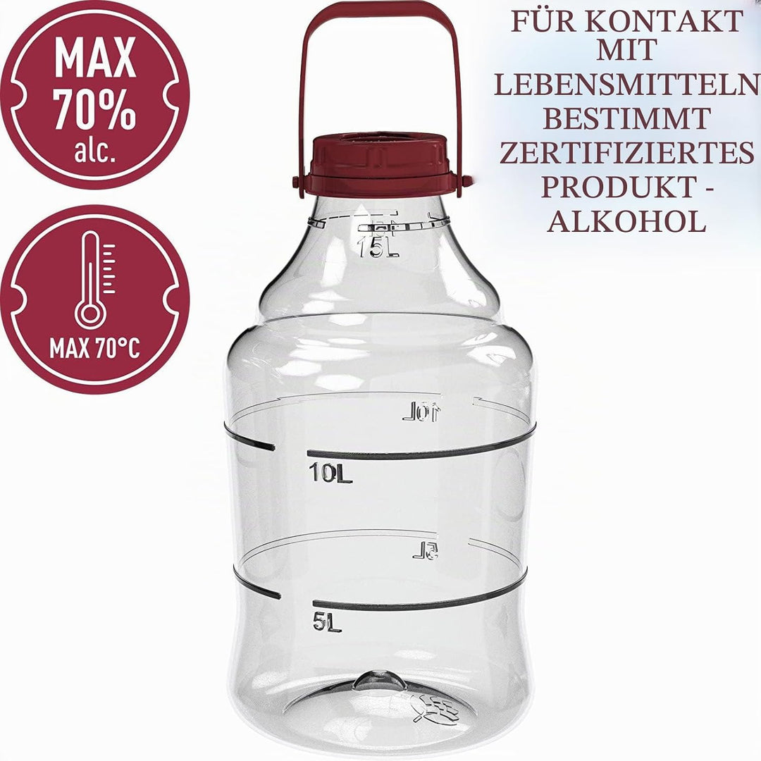 Browin 644315 Weinballon aus Plastik 15 L mit Schraubverschluss, Korken, Gärröhrchen und Tragegurten