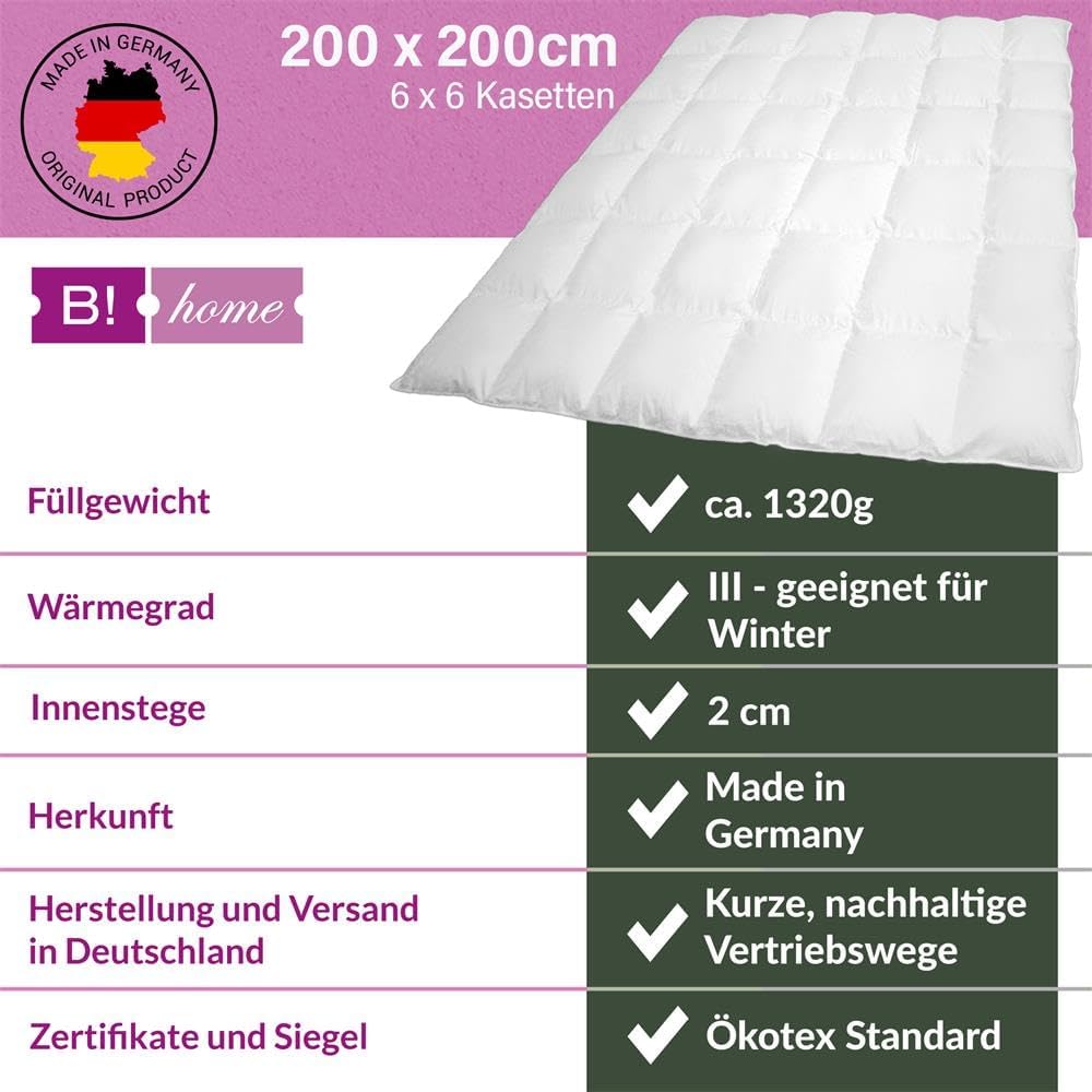 B!HOME Winterdecke 100% Daunen 200x200cm (1320g) Kassettenstegbett Bezug 100% Baumwolle Decke Winter