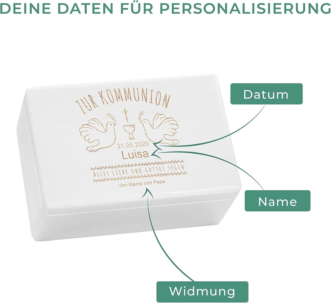 LAUBLUST Holzkiste zur Kommunion - Tauben Motiv | Geschenkkiste Personalisiert mit Gravur, FSC® (Wei