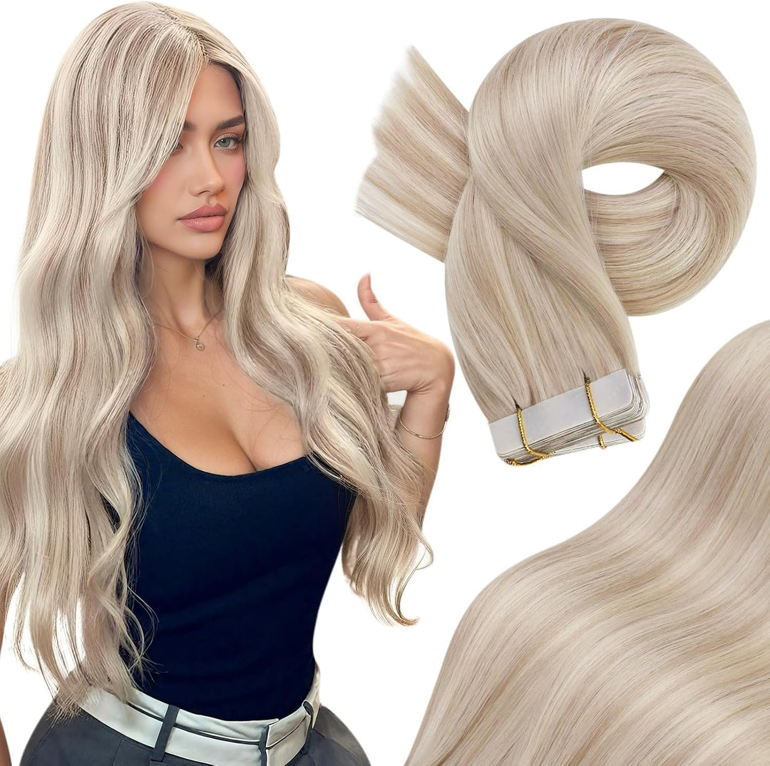 Moresoo Tape Extensions Echthaar Blond 55 cm Unsichtbare Tape in Extensions Blond Aschblond mit Plat
