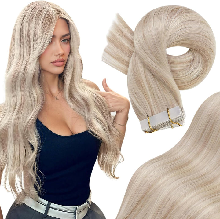 Moresoo Tape Extensions Echthaar Blond 55 cm Unsichtbare Tape in Extensions Blond Aschblond mit Plat