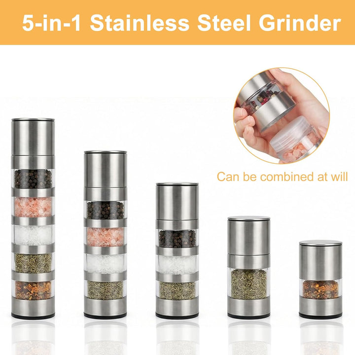 5 in 1 Gewürzstreuer, Edelstahl Tragbare Gewürzdosen mit Gewürzmühle, Mini Transparente Gewürzgläser