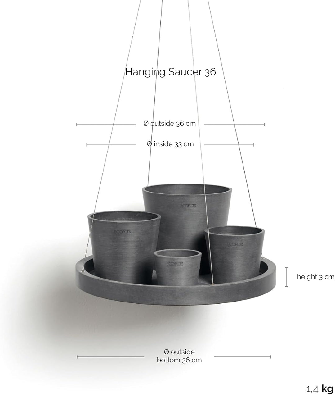 ECOPOTS Untersetzer hängend ø 36 cm grau rund - NUR Topfuntersetzer - OHNE TÖPFE - Unterteller für P