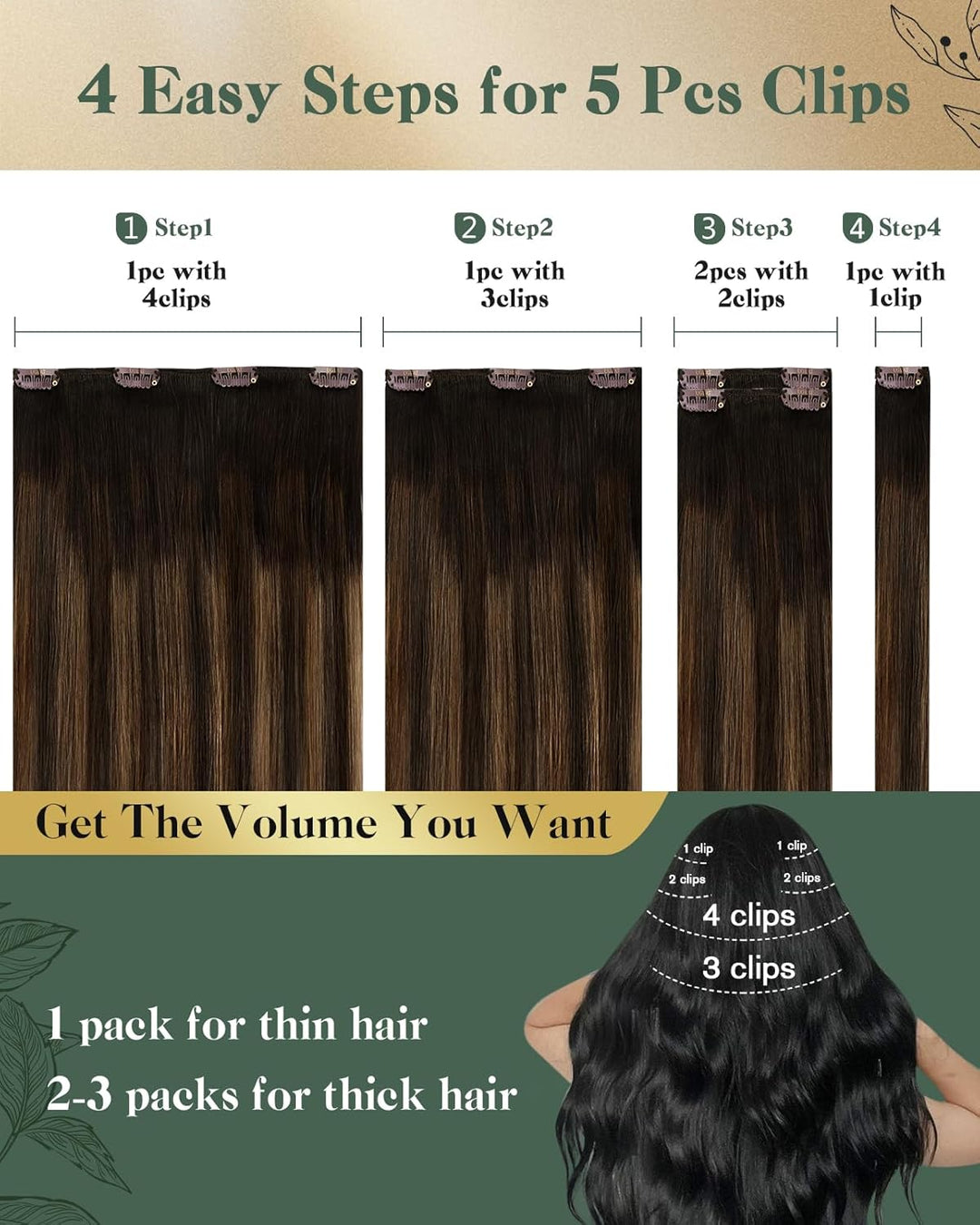 Ugeat Extensions Haare Echthaar Clips 30cm Clip in Extensions Echthaar Balayage Dunkelstes Braun mit