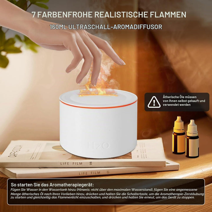 Vulkan Luftbefeuchter Flammen Aroma Diffusor: 160 ml Ultra-Leiser Kaltnebel-Diffusor mit 7 Flammenef