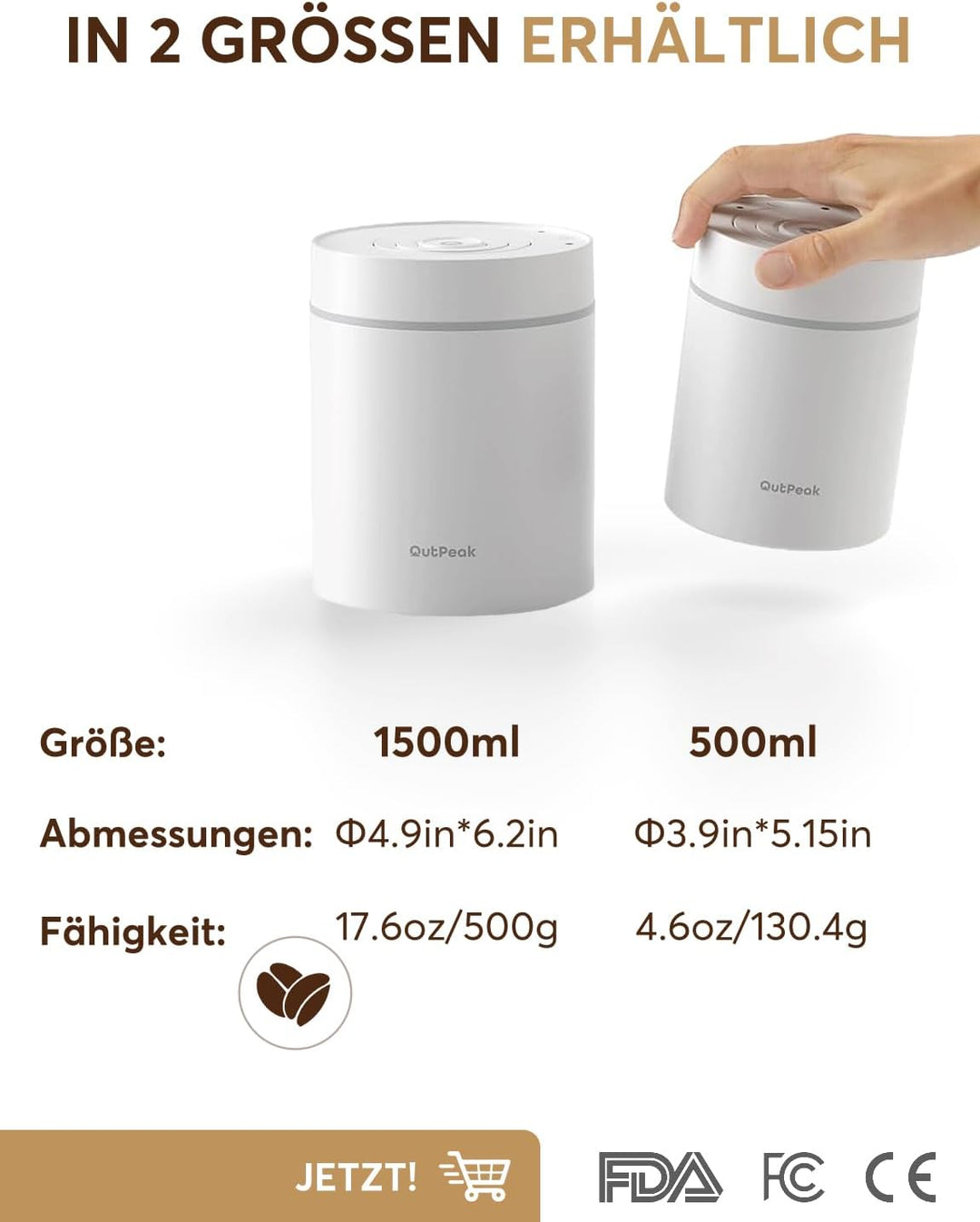 OUTPEAK Neo 2025 Auto Vacuum Coffee Canister, 0.5L for 130.4 g Coffee Beans, One Button Operation, S