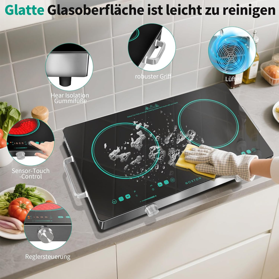 NOXTON Glaskeramikkochfeld 2 Platten Tragbar, Elektrische Herdplatte und Kochplatte Freistehend mit