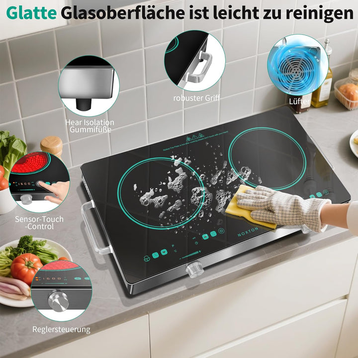 NOXTON Glaskeramikkochfeld 2 Platten Tragbar, Elektrische Herdplatte und Kochplatte Freistehend mit