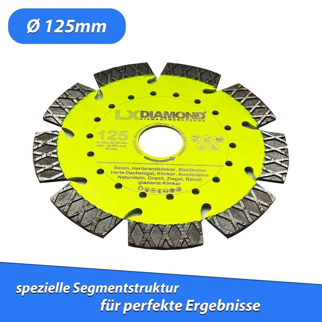 LXDIAMOND Diamant-Trennscheibe 125mm x 22,23mm - perfekt geeignet für Beton Stahlbeton Klinker Grani