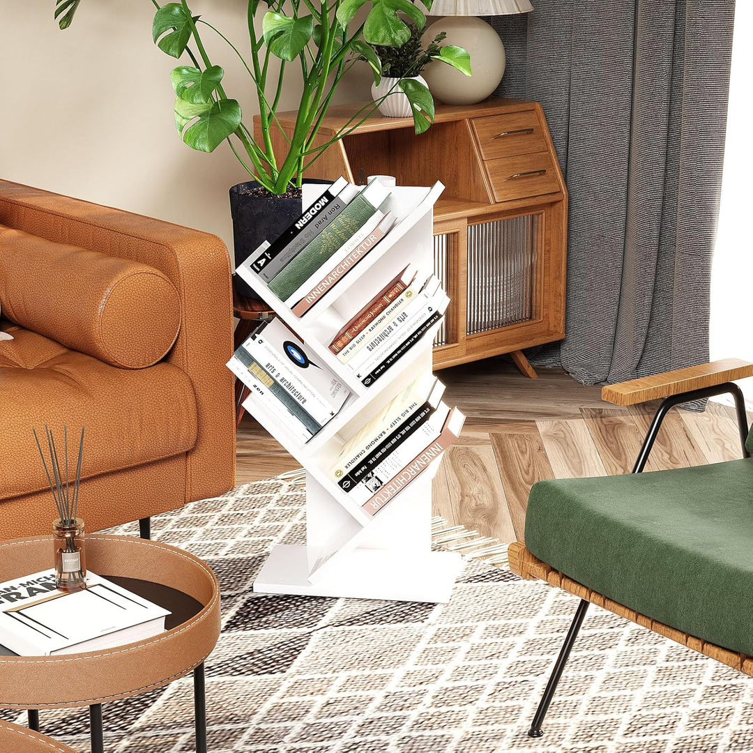 YMYNY Bücherregal im Baumform, 4 Ebenen Raumteiler, Standregal, 30x17x60 cm, Platzsparend, Holzregal